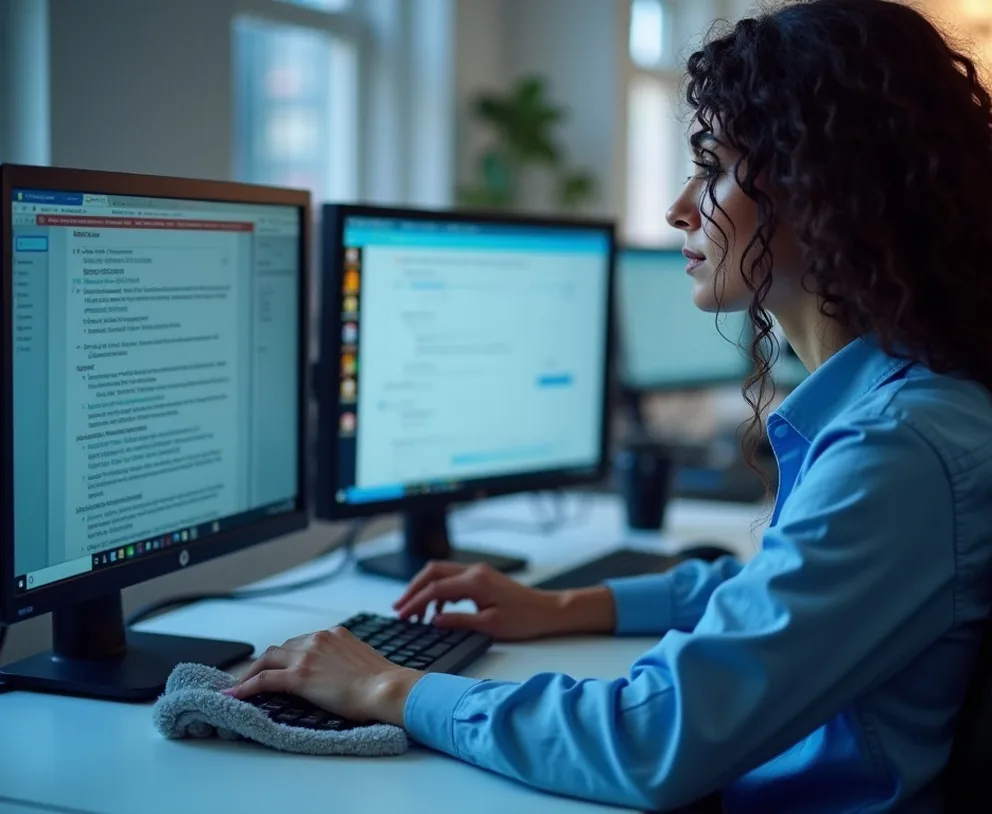 Employee using microfiber cloth to clean computer monitors